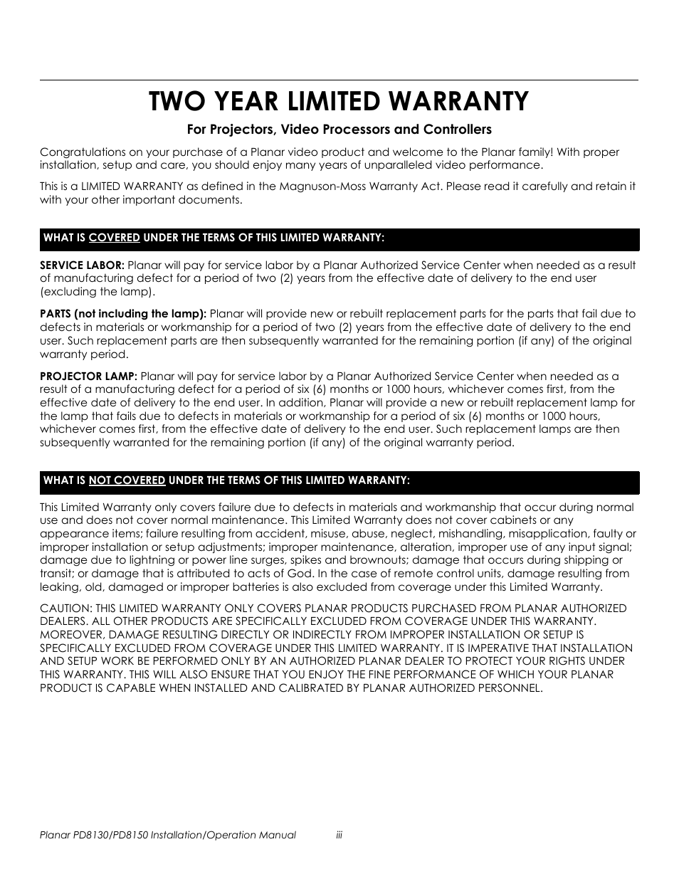 Two year limited warranty, Service labor, Parts (not including the lamp) | Projector lamp, Prel imina ry | Planar PD8130 User Manual | Page 3 / 100