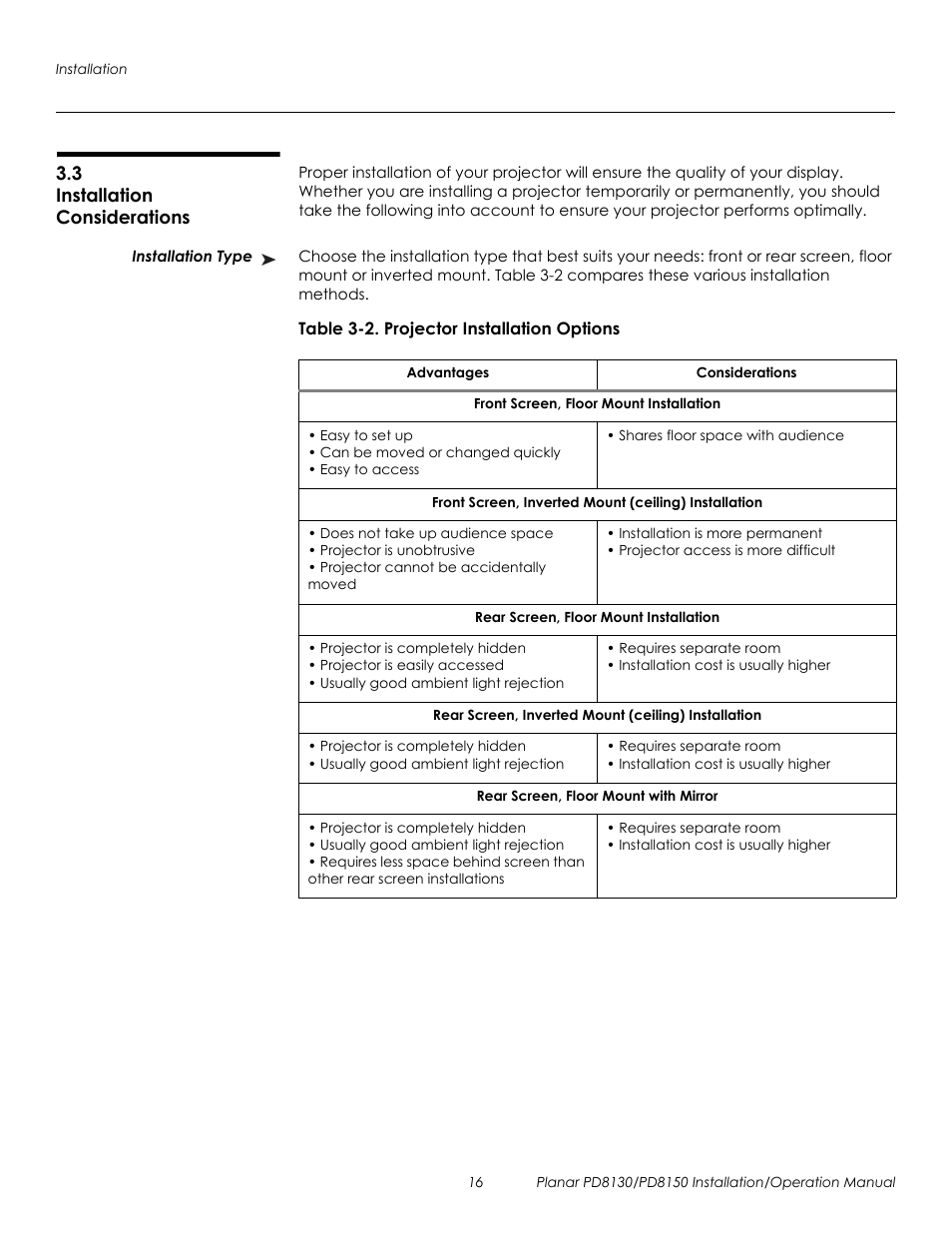 3 installation considerations, Installation type, Table 3-2 . projector installation options | Installation considerations, Prel imina ry | Planar PD8130 User Manual | Page 30 / 100