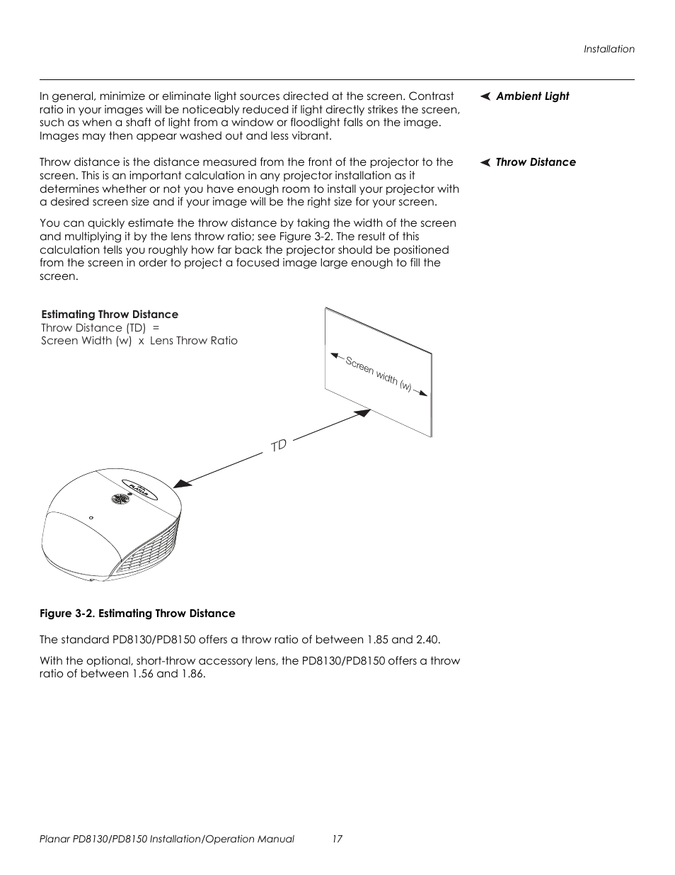 Ambient light, Throw distance, Figure 3-2 . estimating throw distance | Ambient light throw distance, 2. estimating throw distance, Prel imina ry | Planar PD8130 User Manual | Page 31 / 100