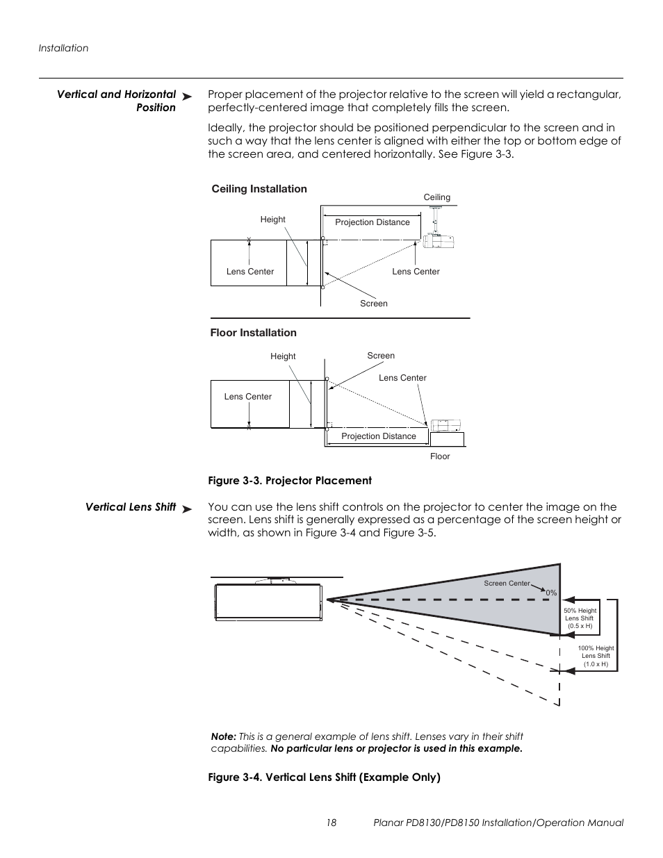 Vertical and horizontal position, Figure 3-3 . projector placement, Vertical lens shift | Figure 3-4 . vertical lens shift (example only), Prel imina ry | Planar PD8130 User Manual | Page 32 / 100