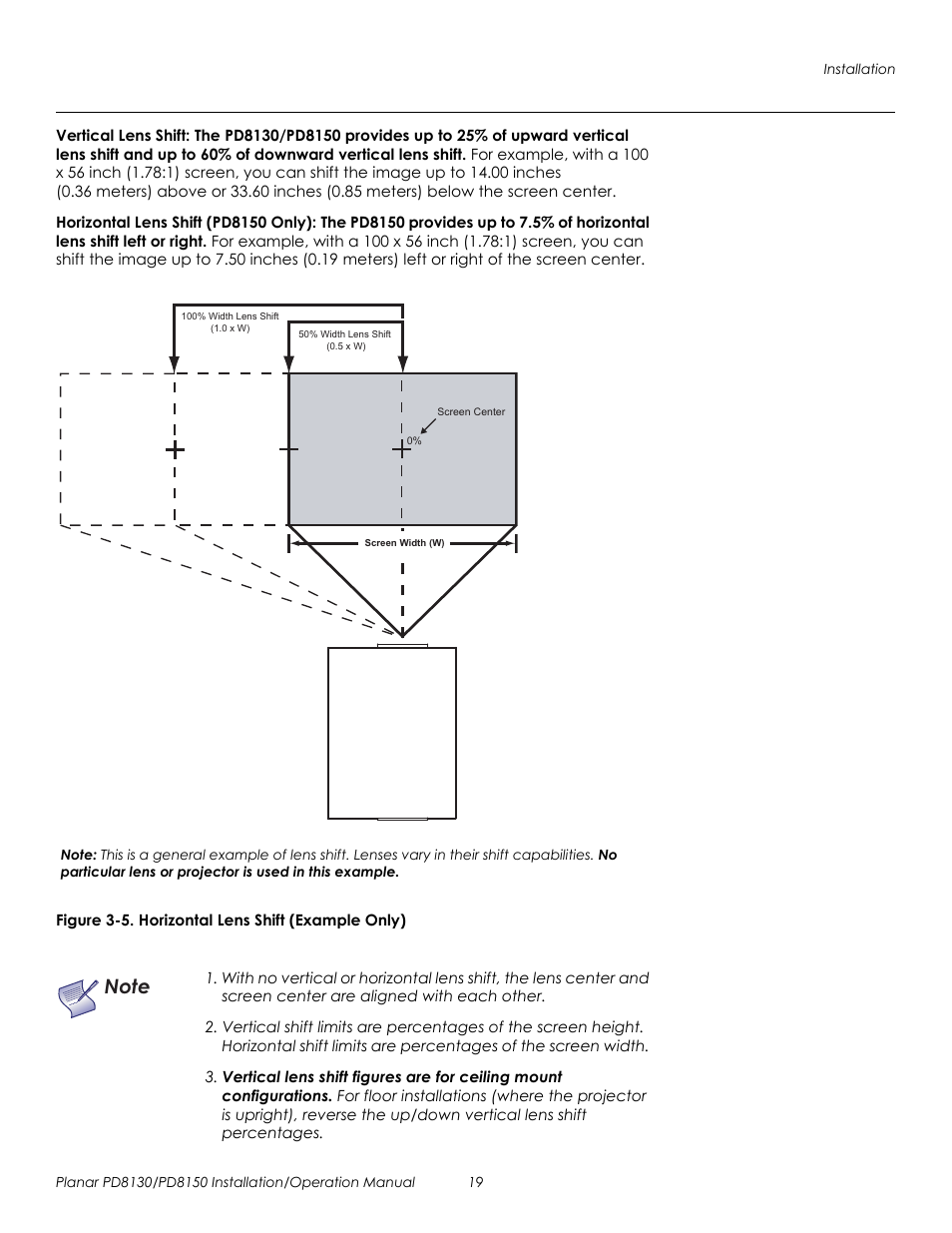 Vertical lens shift, Horizontal lens shift (pd8150 only), Figure 3-5 . horizontal lens shift (example only) | 5. horizontal lens shift (example only), Figure 3-5, Prel imina ry | Planar PD8130 User Manual | Page 33 / 100