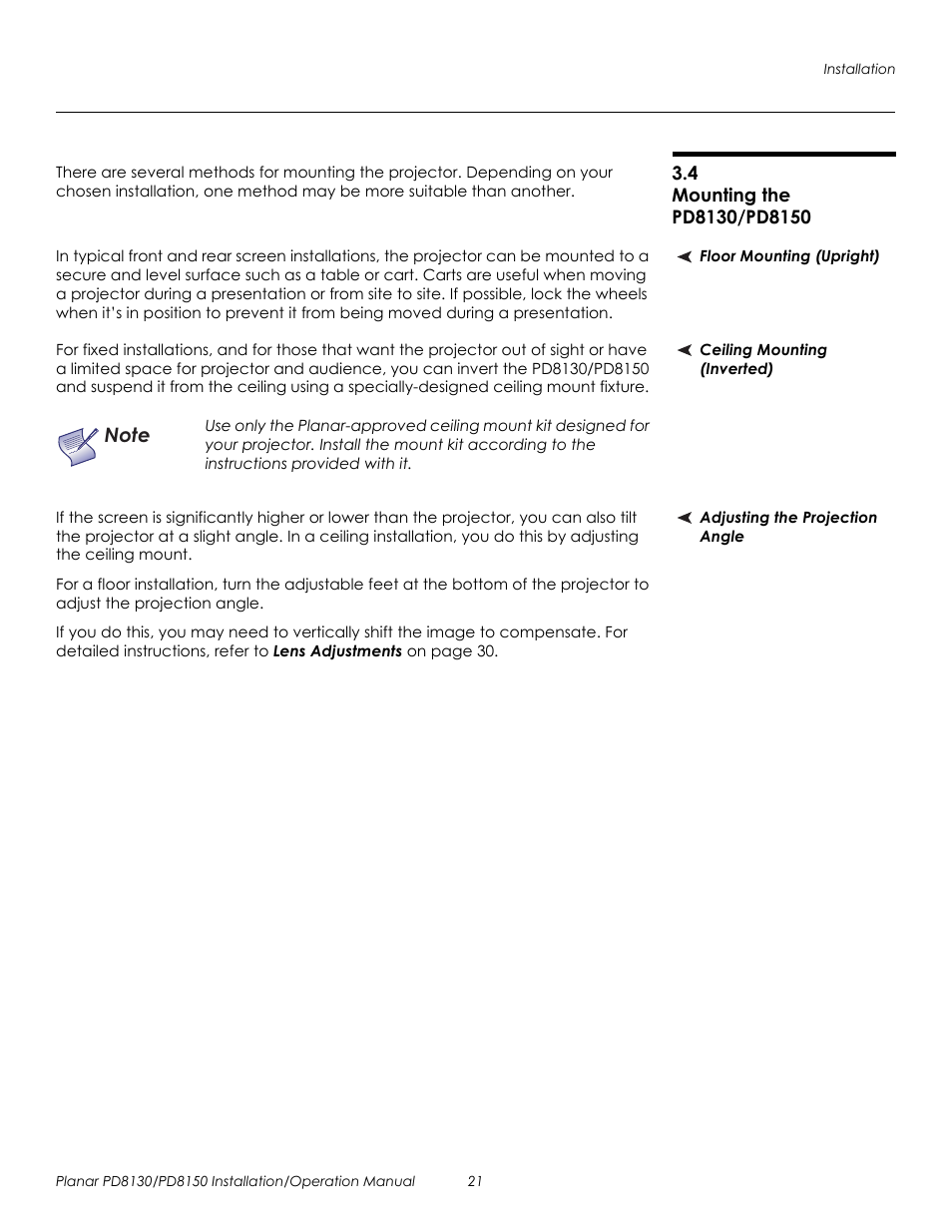 4 mounting the pd8130/pd8150, Floor mounting (upright), Ceiling mounting (inverted) | Adjusting the projection angle, Mounting the pd8130/pd8150, Prel imina ry | Planar PD8130 User Manual | Page 35 / 100