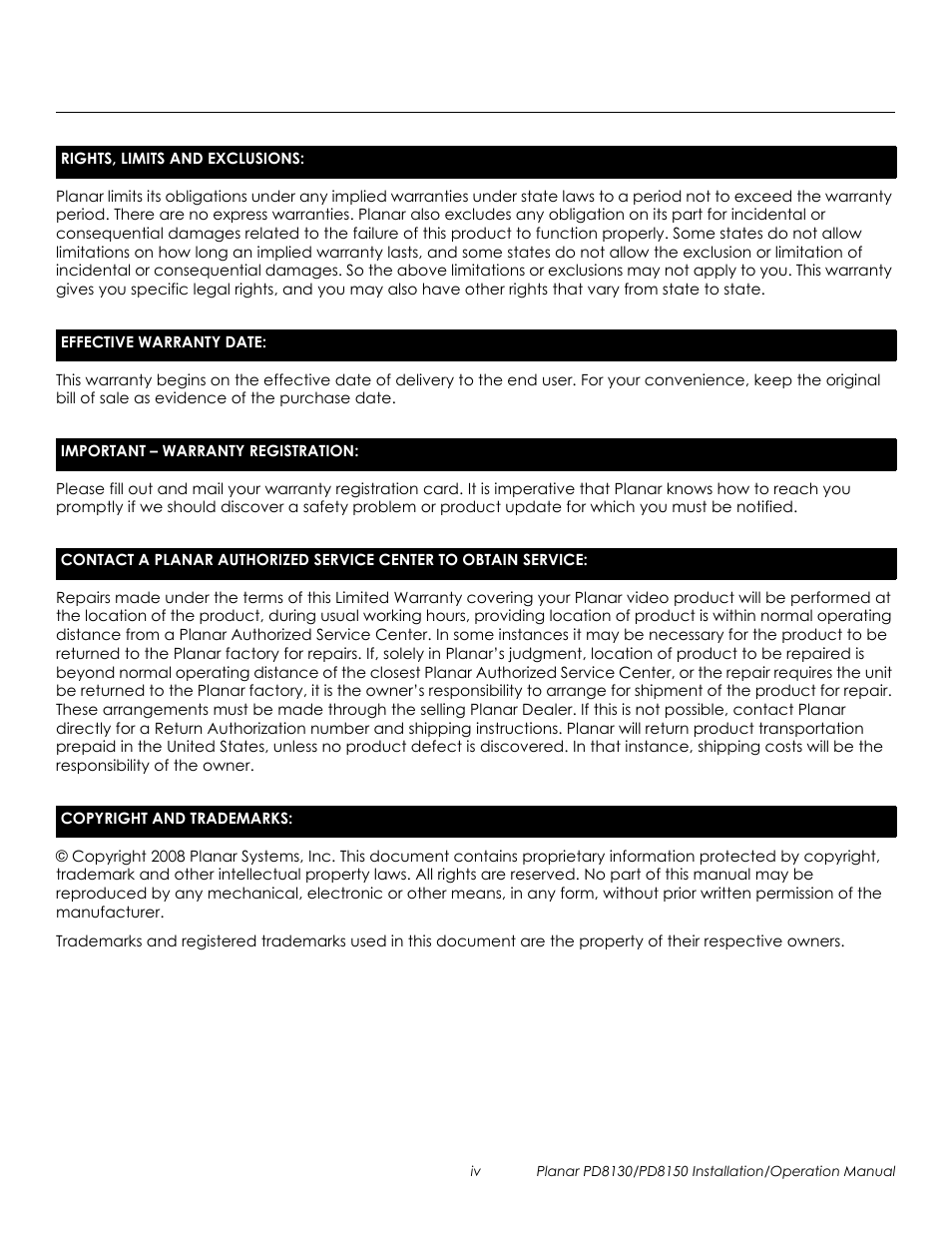 Prel imina ry | Planar PD8130 User Manual | Page 4 / 100