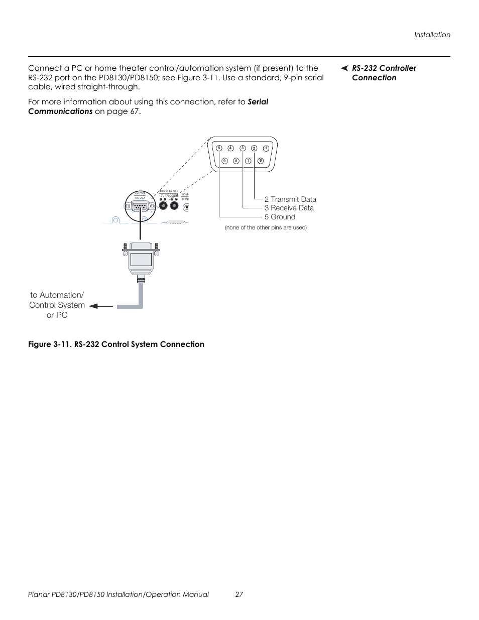 Rs-232 controller connection, Figure 3-11 . rs-232 control system connection, 11. rs-232 control system connection | Prel imina ry | Planar PD8130 User Manual | Page 41 / 100