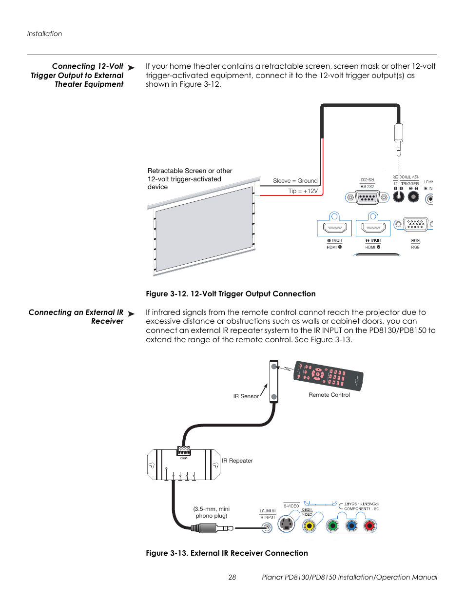 Figure 3-12 . 12-volt trigger output connection, Connecting an external ir receiver, Figure 3-13 . external ir receiver connection | Prel imina ry | Planar PD8130 User Manual | Page 42 / 100