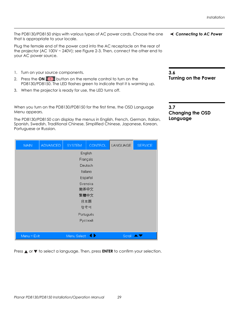 Connecting to ac power, 6 turning on the power, 7 changing the osd language | Turning on the power changing the osd language, Prel imina ry | Planar PD8130 User Manual | Page 43 / 100