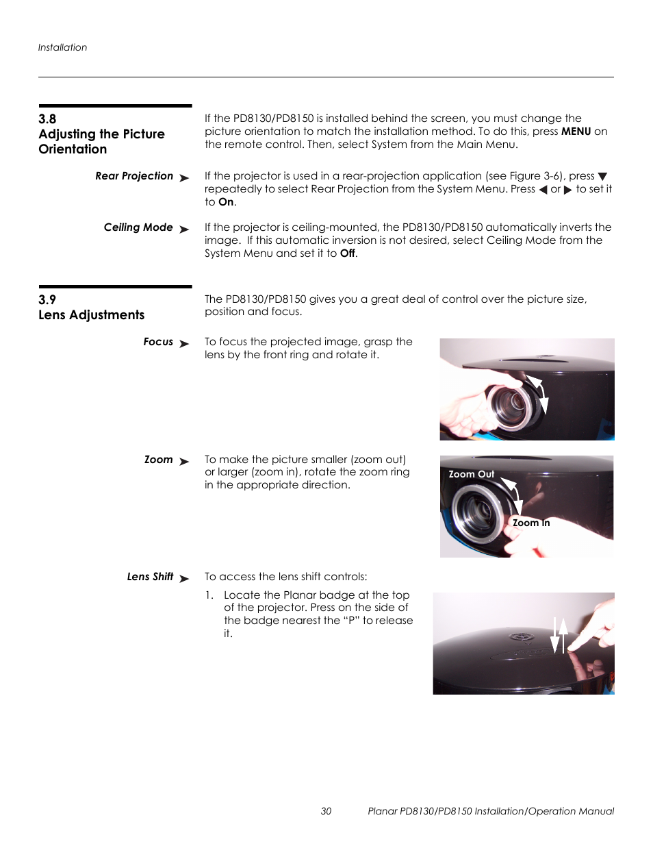 8 adjusting the picture orientation, Rear projection, Ceiling mode | 9 lens adjustments, Focus, Zoom, Lens shift, Adjusting the picture orientation, Rear projection ceiling mode, Lens adjustments | Planar PD8130 User Manual | Page 44 / 100