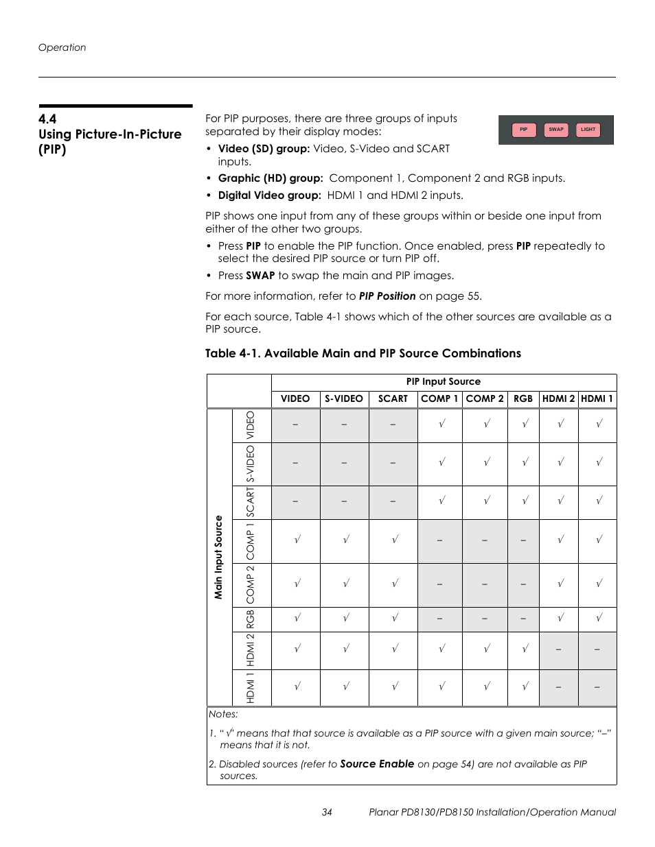 4 using picture-in-picture (pip), Using picture-in-picture (pip), Prel imina r y | Planar PD8130 User Manual | Page 48 / 100