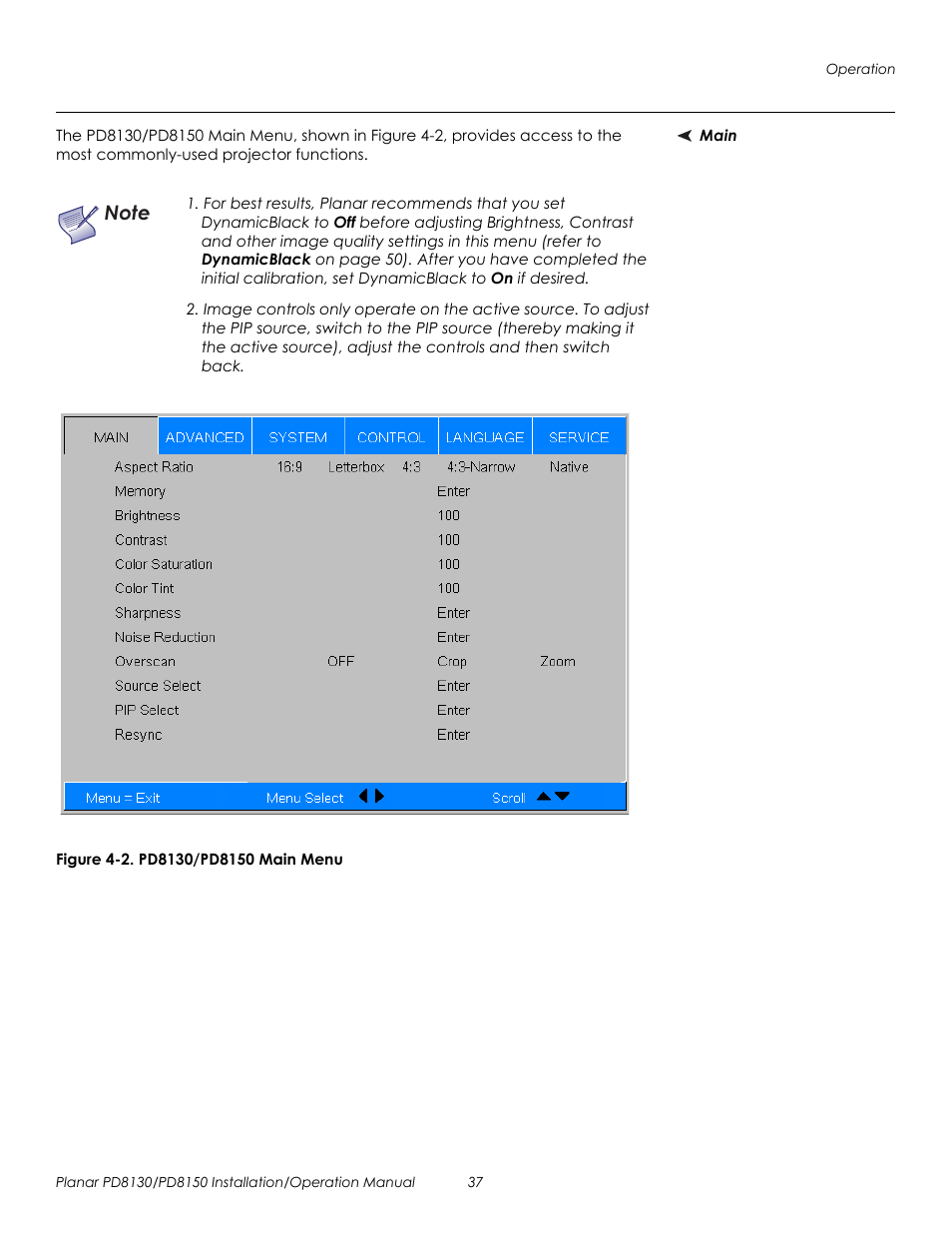 Main, Figure 4-2 . pd8130/pd8150 main menu, 2. pd8130/pd8150 main menu | Prel imina ry | Planar PD8130 User Manual | Page 51 / 100