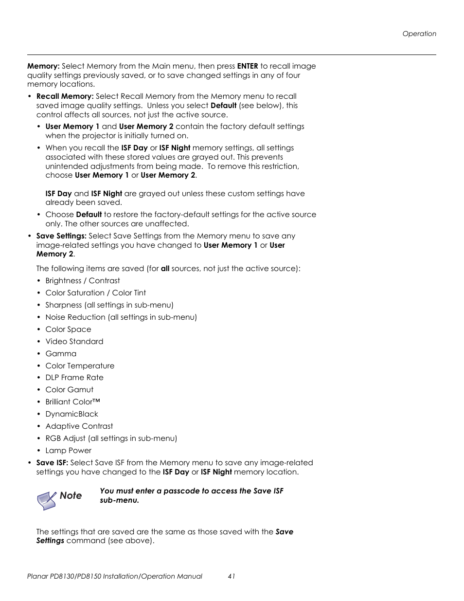 Memory, Prel imina ry | Planar PD8130 User Manual | Page 55 / 100