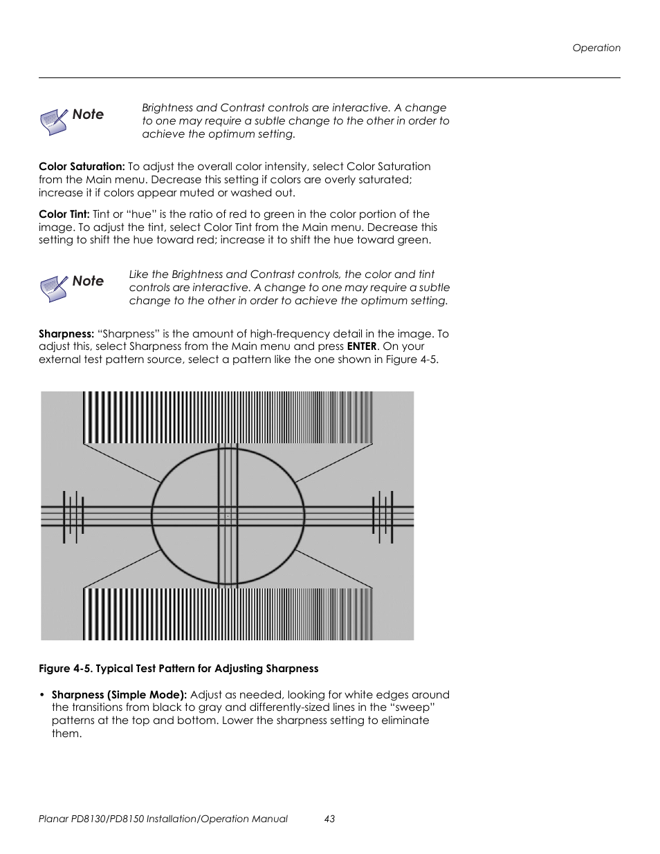 Color saturation, Color tint, Sharpness | 5. typical test pattern for adjusting sharpness, Prel imina ry | Planar PD8130 User Manual | Page 57 / 100