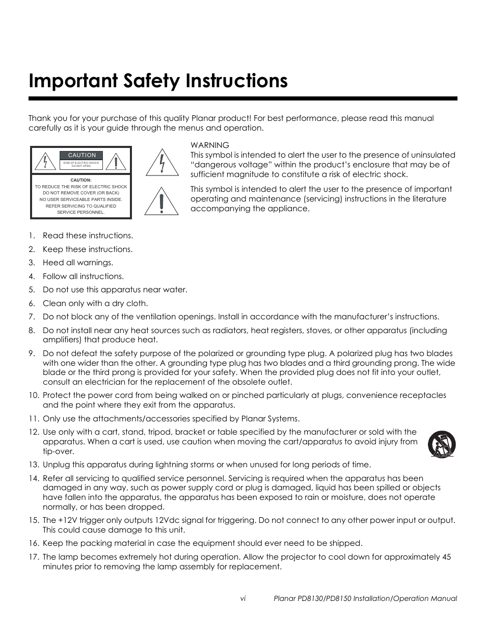 Important safety instructions, Prel imina ry | Planar PD8130 User Manual | Page 6 / 100