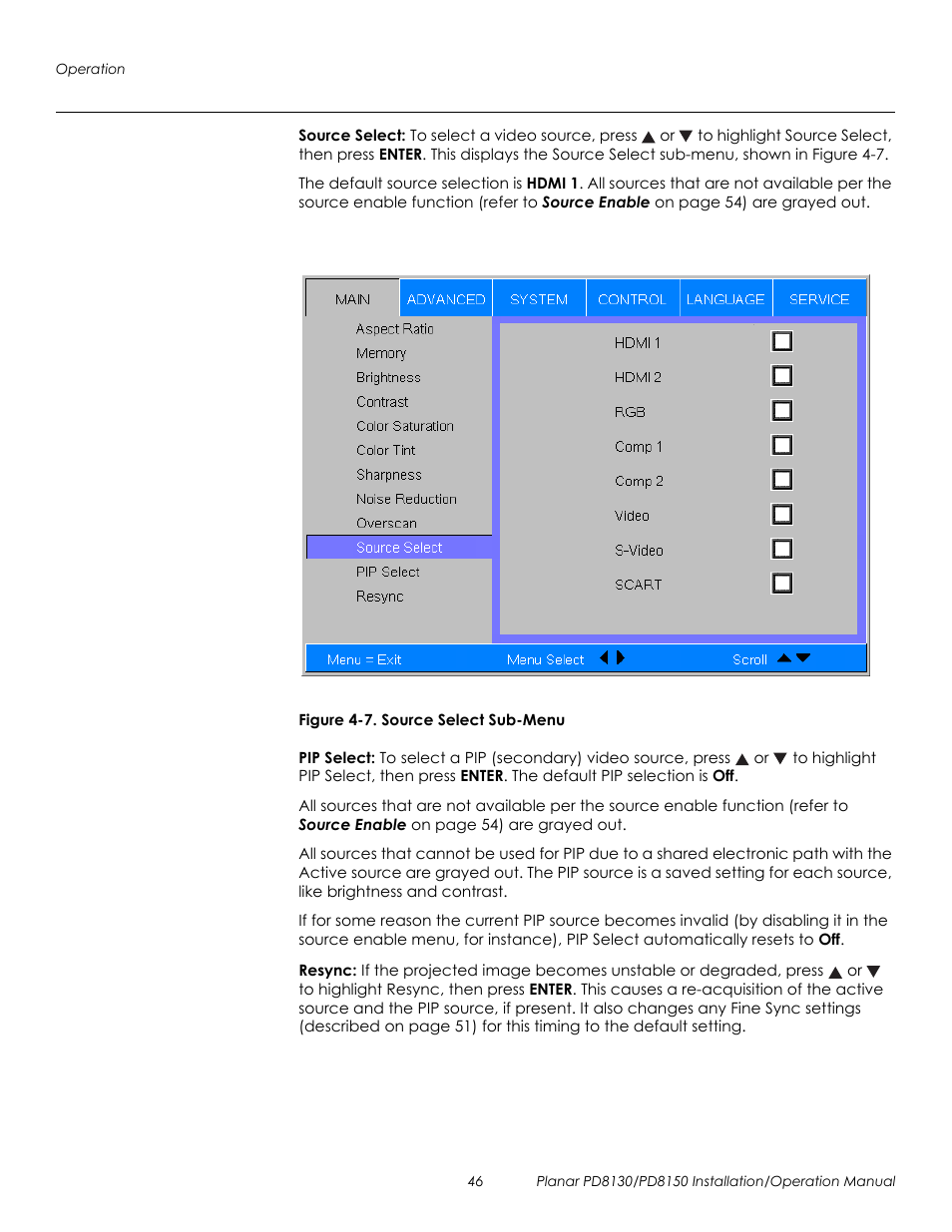 Source select, Figure 4-7 . source select sub-menu, Pip select | Resync, 7. source select sub-menu, Prel imina ry | Planar PD8130 User Manual | Page 60 / 100