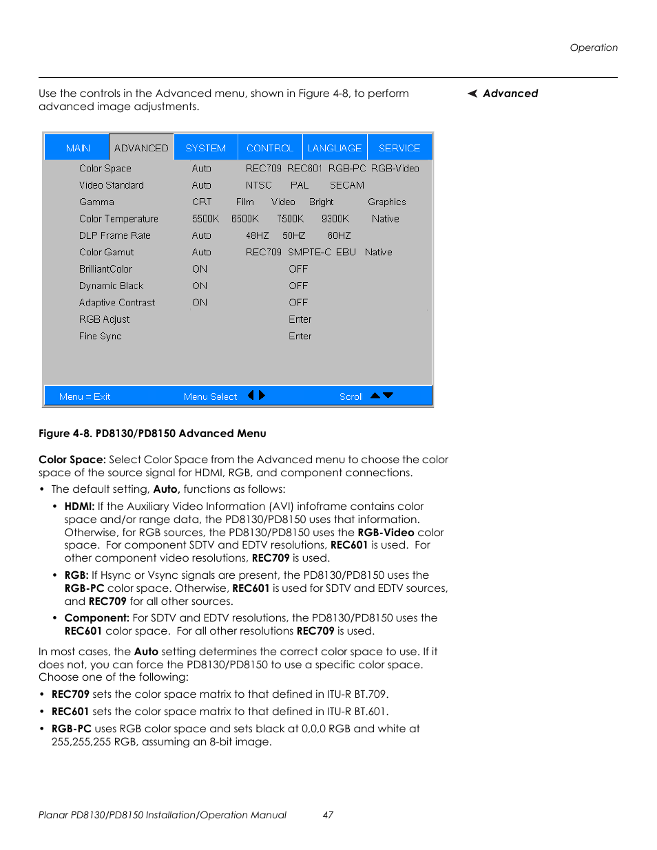 Advanced, Figure 4-8 . pd8130/pd8150 advanced menu, Color space | Prel, 8. pd8130/pd8150 advanced menu, Prel imina ry | Planar PD8130 User Manual | Page 61 / 100