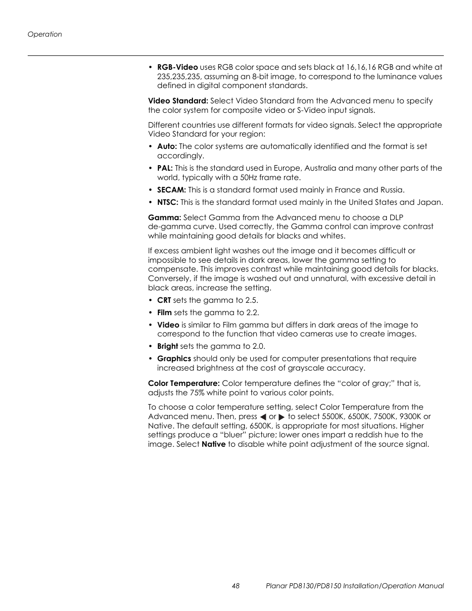 Video standard, Gamma, Color temperature | Prel imina ry | Planar PD8130 User Manual | Page 62 / 100