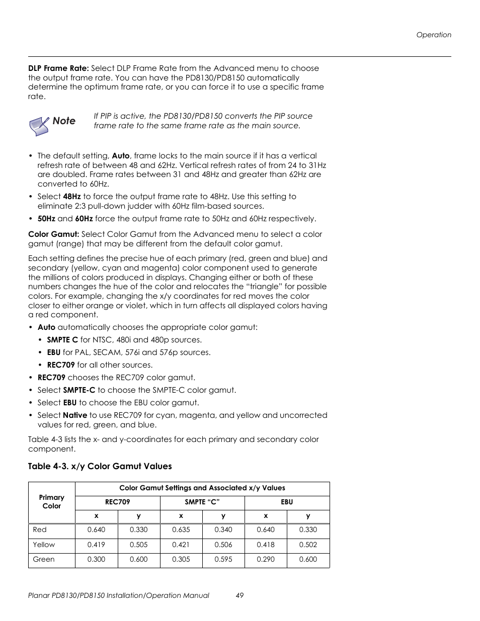 Dlp frame rate, Color gamut, Table 4-3 . x/y color gamut values | Prel imina ry | Planar PD8130 User Manual | Page 63 / 100