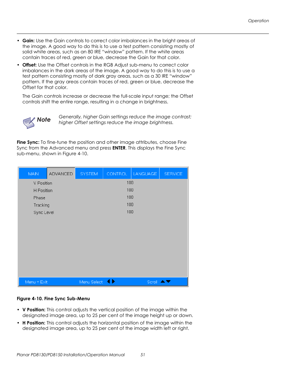 Fine sync, Figure 4-10 . fine sync sub-menu, 10. fine sync sub-menu | Prel imina ry | Planar PD8130 User Manual | Page 65 / 100