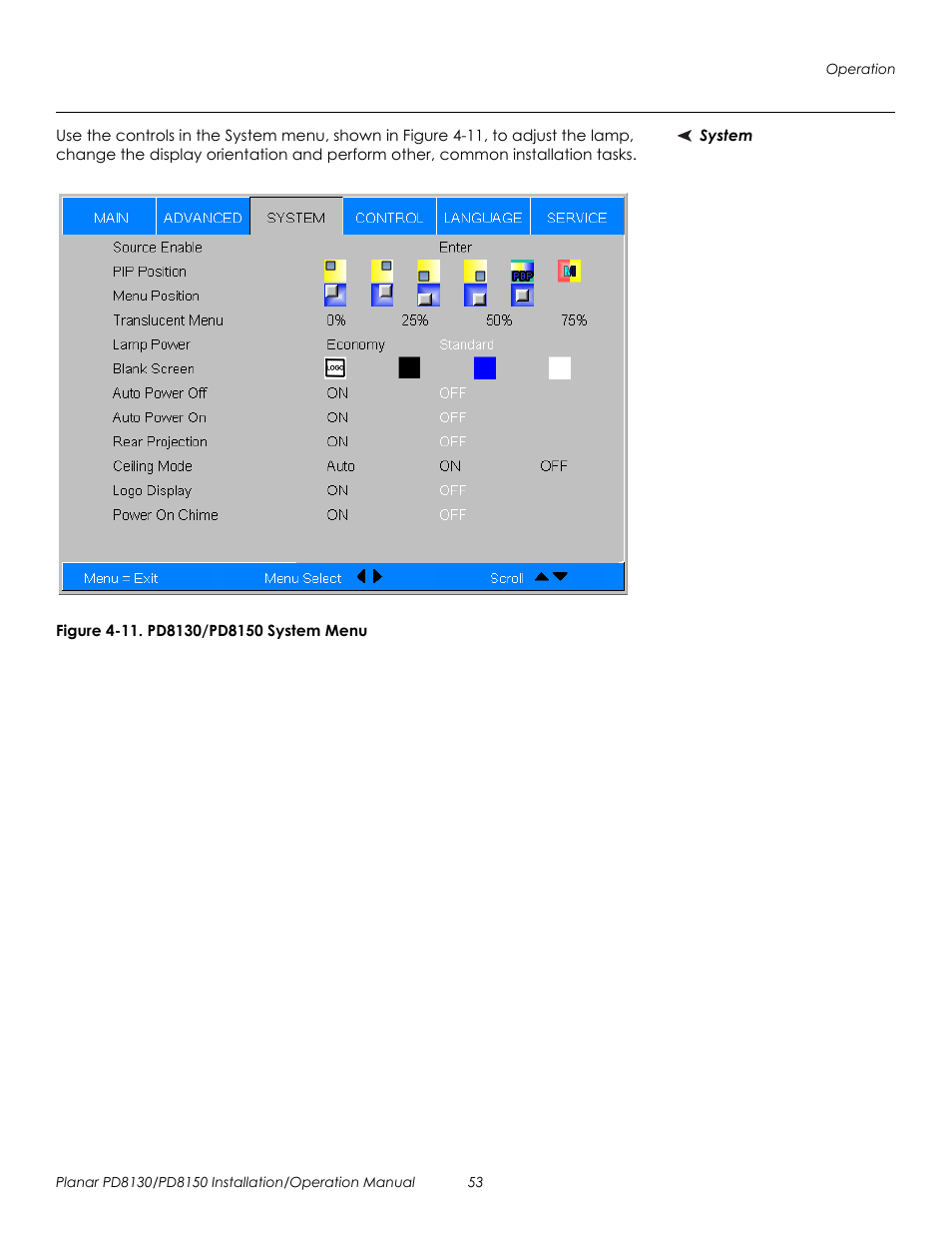 System, Figure 4-11 . pd8130/pd8150 system menu, 11. pd8130/pd8150 system menu | Prel imina ry | Planar PD8130 User Manual | Page 67 / 100