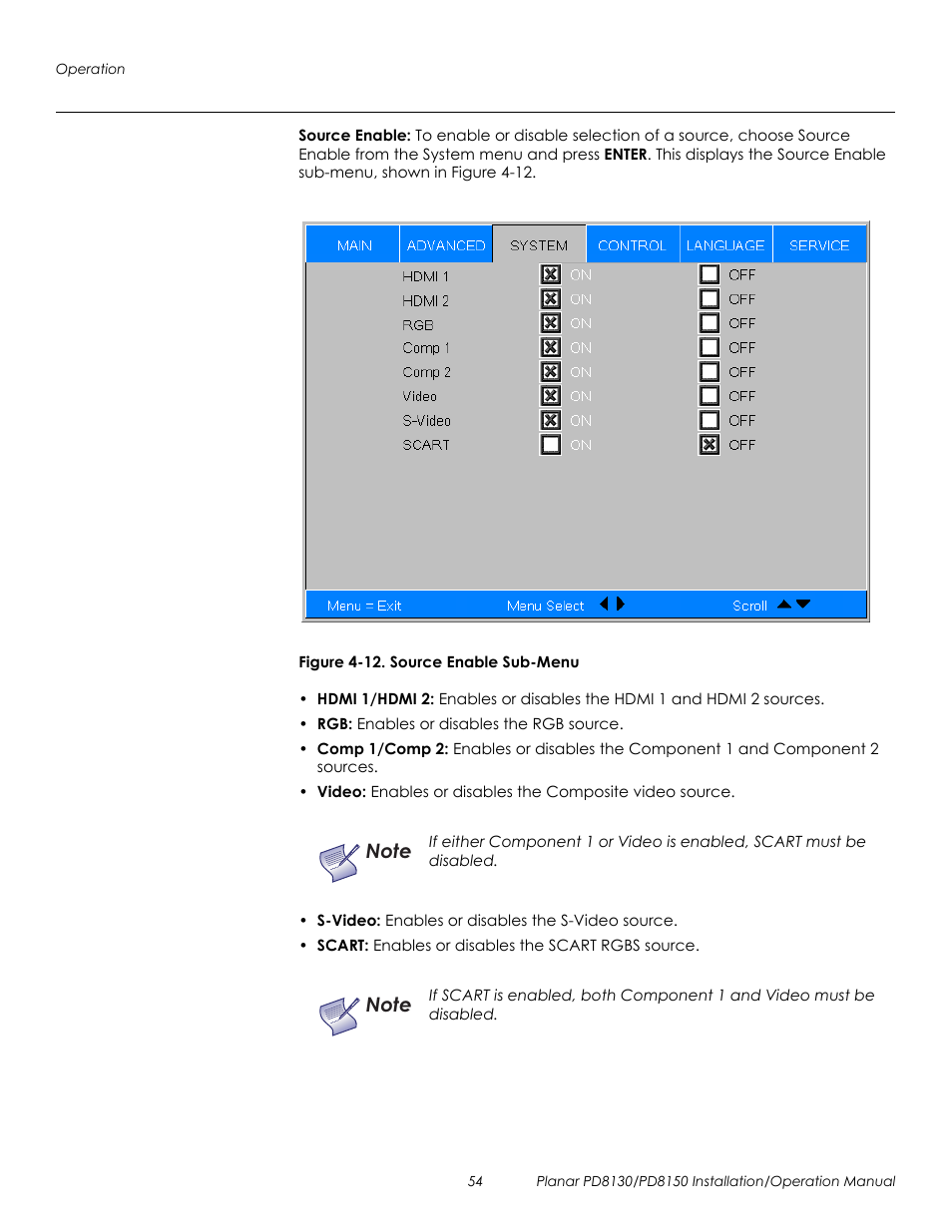 Source enable, Figure 4-12 . source enable sub-menu, 12. source enable sub-menu | Prel imina ry | Planar PD8130 User Manual | Page 68 / 100