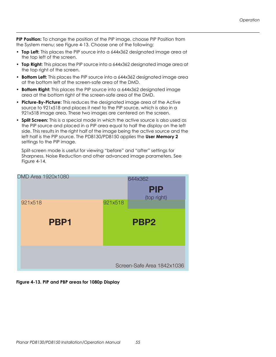 Pip position, Figure 4-13 . pip and pbp areas for 1080p display, 13. pip and pbp areas for 1080p display | Prel imina ry, Pbp2 pbp1 | Planar PD8130 User Manual | Page 69 / 100