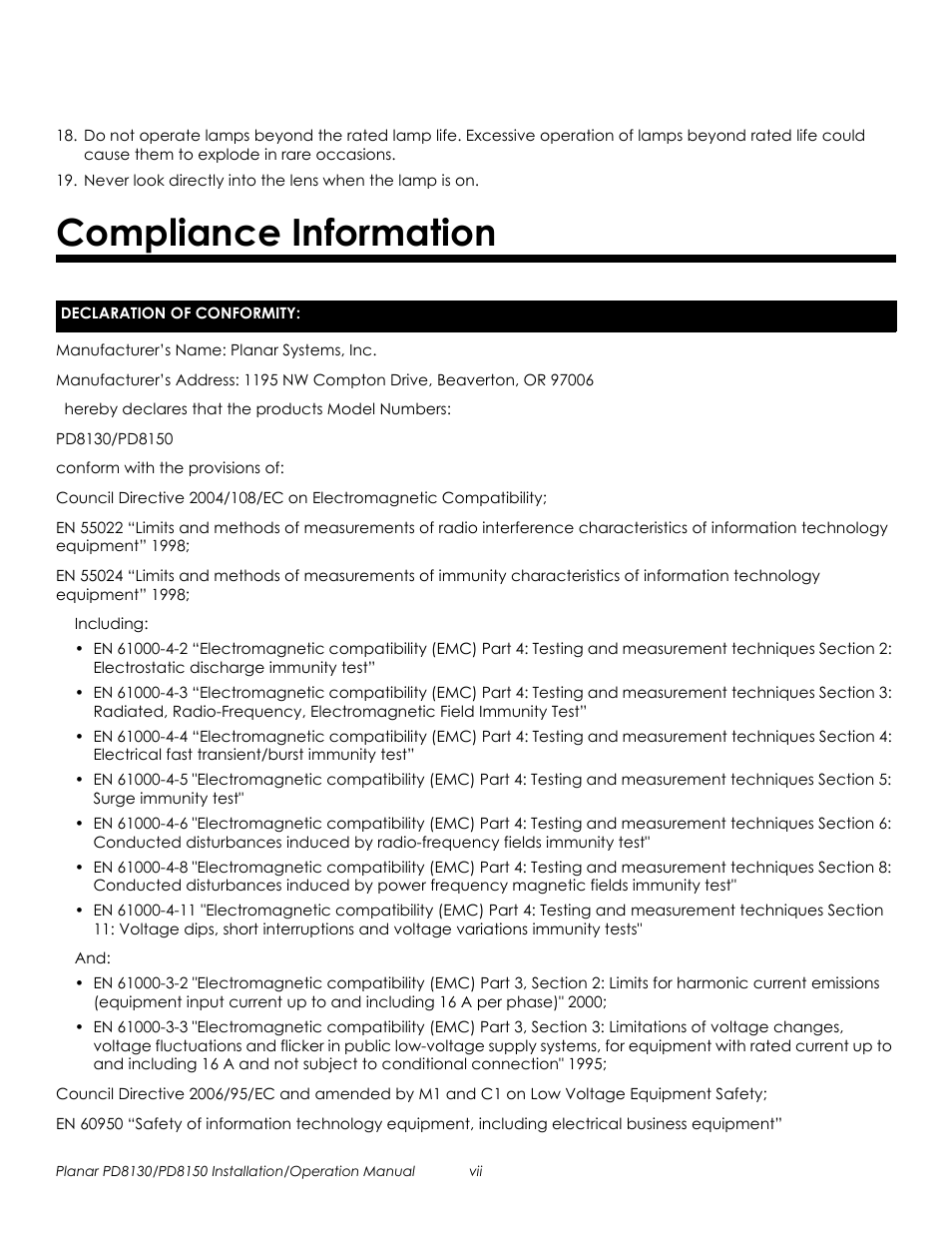 Compliance information, Prel imina ry | Planar PD8130 User Manual | Page 7 / 100