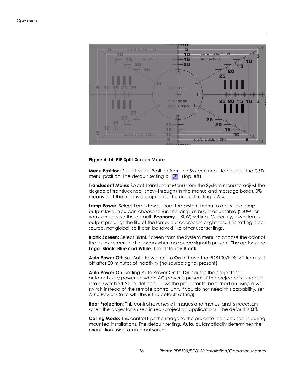 Figure 4-14 . pip split-screen mode, Menu position, Translucent menu | Lamp power, Blank screen, Auto power off, Auto power on, Rear projection, Ceiling mode, 14. pip split-screen mode | Planar PD8130 User Manual | Page 70 / 100