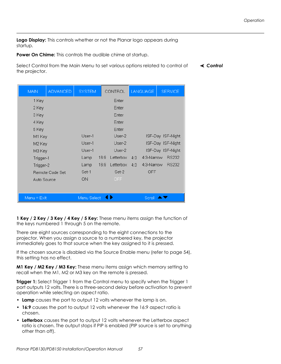 Logo display, Power on chime, Control | 1 key / 2 key / 3 key / 4 key / 5 key, M1 key / m2 key / m3 key, Trigger 1, Prel imina ry | Planar PD8130 User Manual | Page 71 / 100