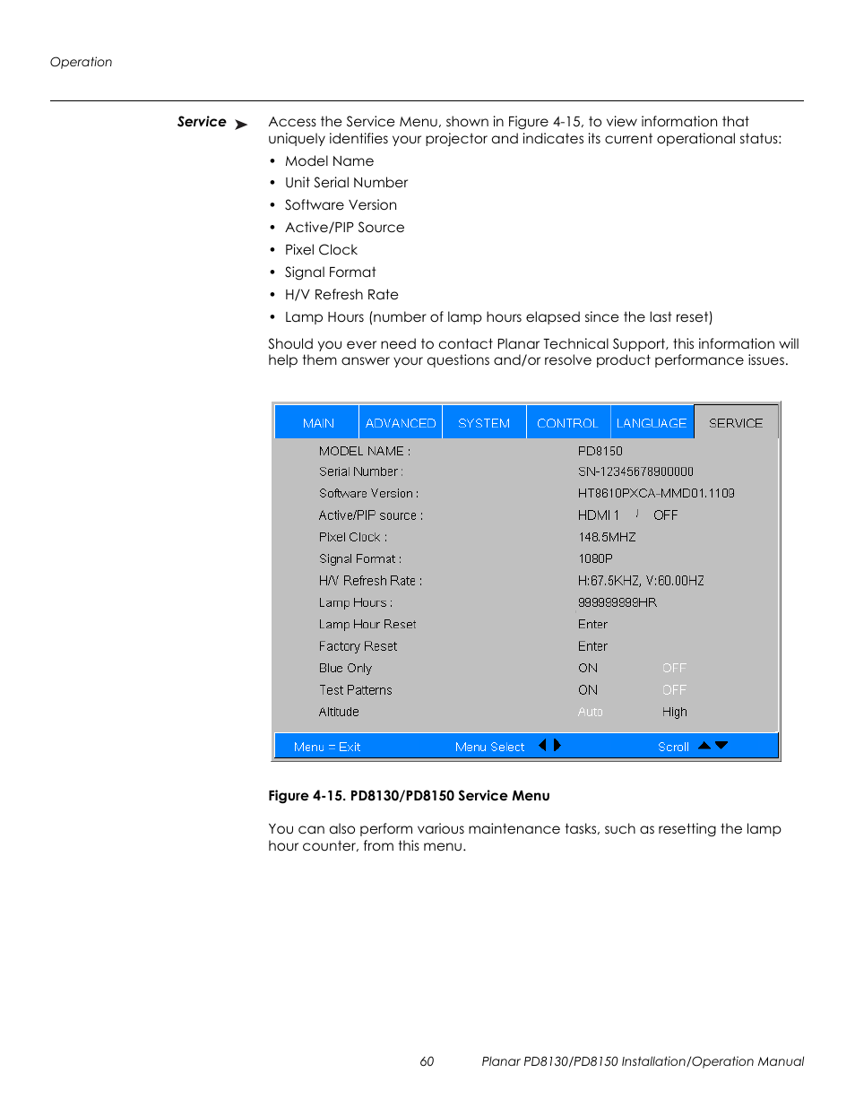 Service, Figure 4-15 . pd8130/pd8150 service menu, 15. pd8130/pd8150 service menu | Prel imina ry | Planar PD8130 User Manual | Page 74 / 100