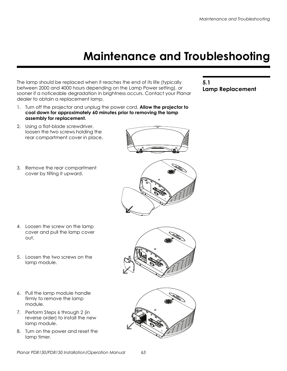 Maintenance and troubleshooting, 1 lamp replacement, Lamp replacement | Lamp, Prel imina ry | Planar PD8130 User Manual | Page 77 / 100