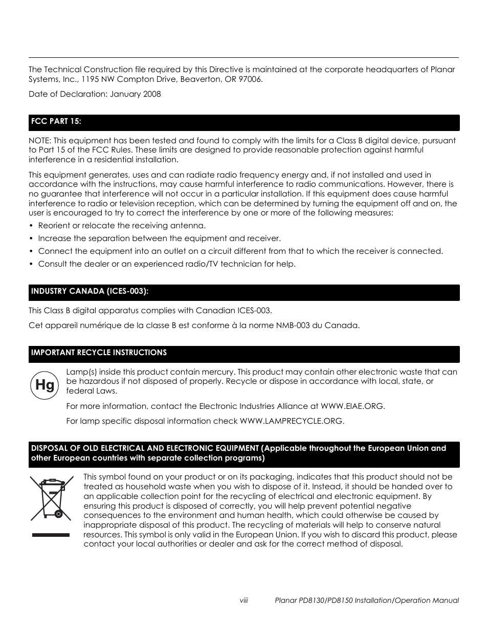 Prel imina ry | Planar PD8130 User Manual | Page 8 / 100