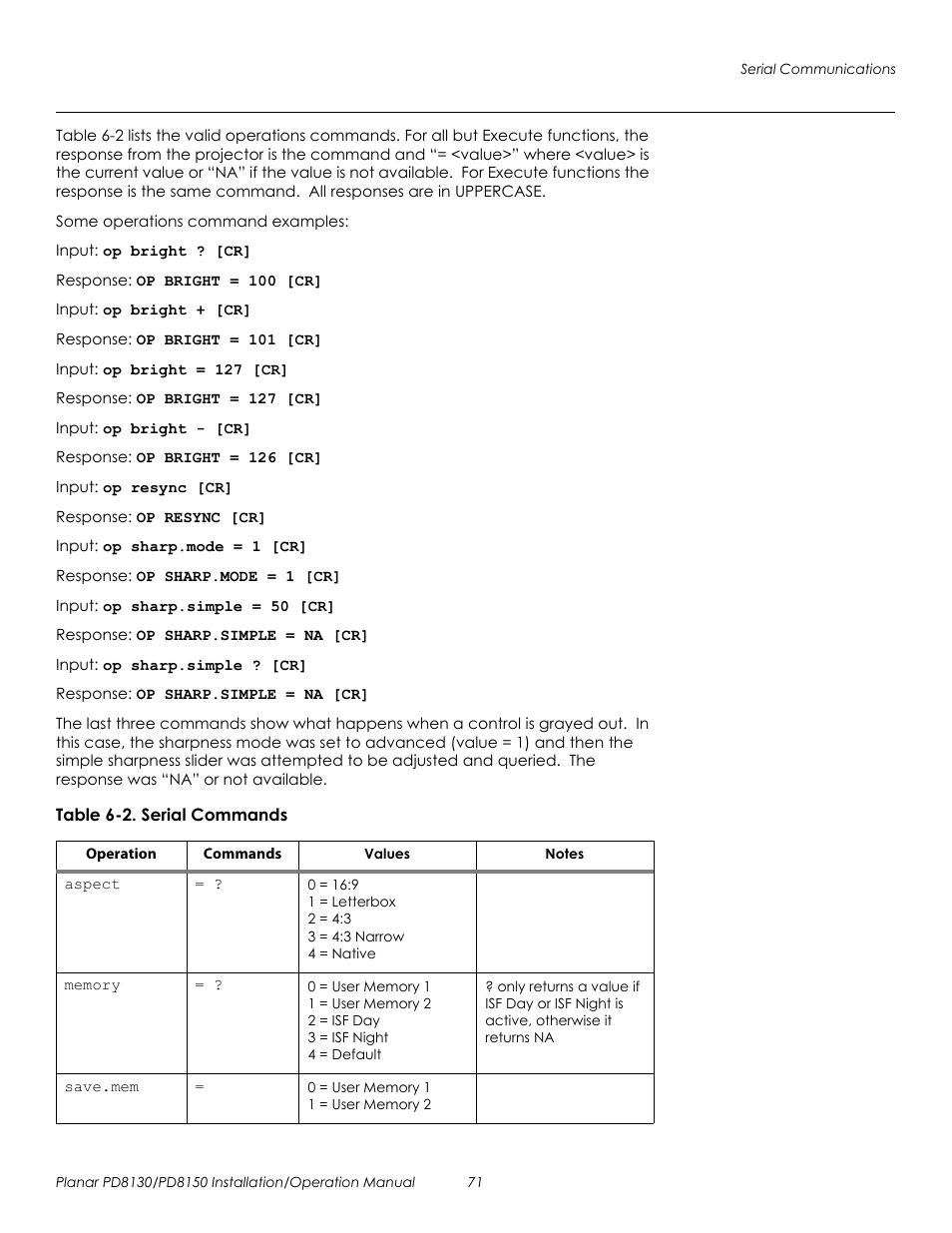 Table 6-2 . serial commands, Table 6-2 and press, Prel imina ry | Planar PD8130 User Manual | Page 85 / 100