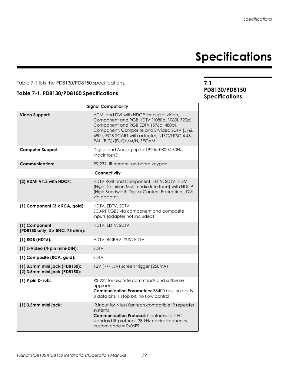 Specifications, 1 pd8130/pd8150 specifications, Table 7-1 . pd8130/pd8150 specifications | Pd8130/pd8150 specifications, Prel imina ry | Planar PD8130 User Manual | Page 93 / 100