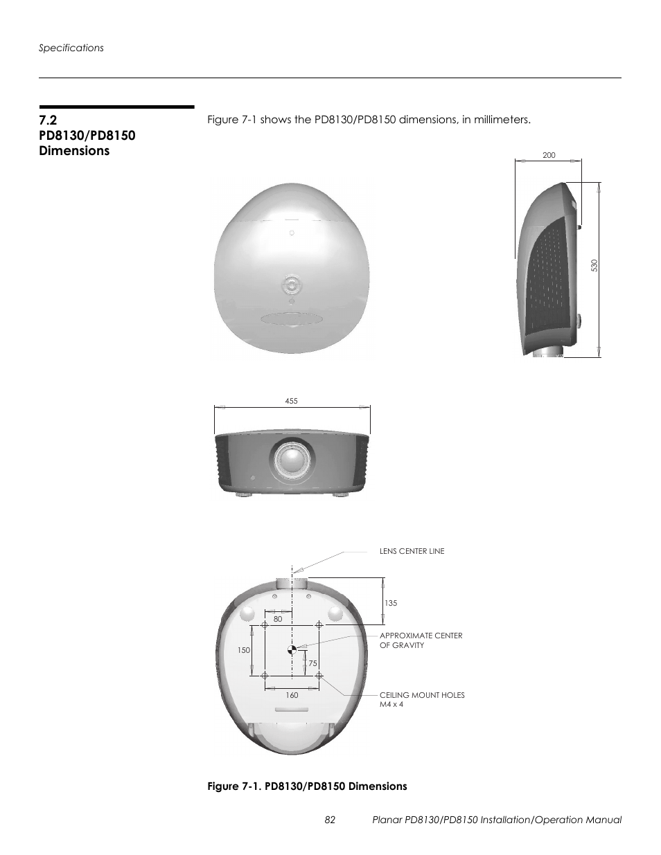 2 pd8130/pd8150 dimensions, Figure 7-1 . pd8130/pd8150 dimensions, Pd8130/pd8150 dimensions | 1. pd8130/pd8150 dimensions, Prel imina ry | Planar PD8130 User Manual | Page 96 / 100