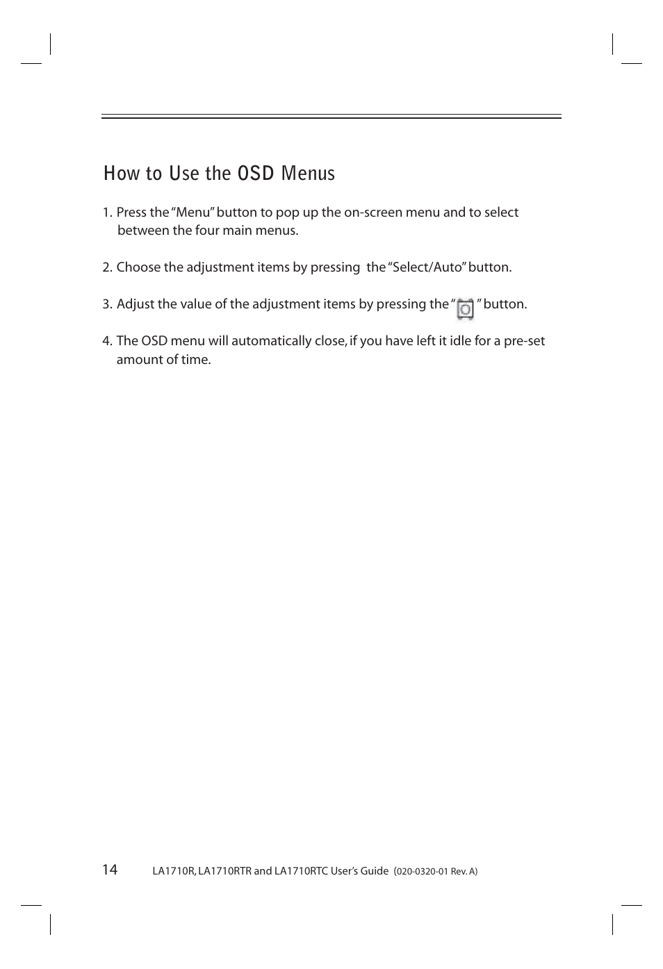 How to use the osd menus | Planar LA1710R User Manual | Page 14 / 29