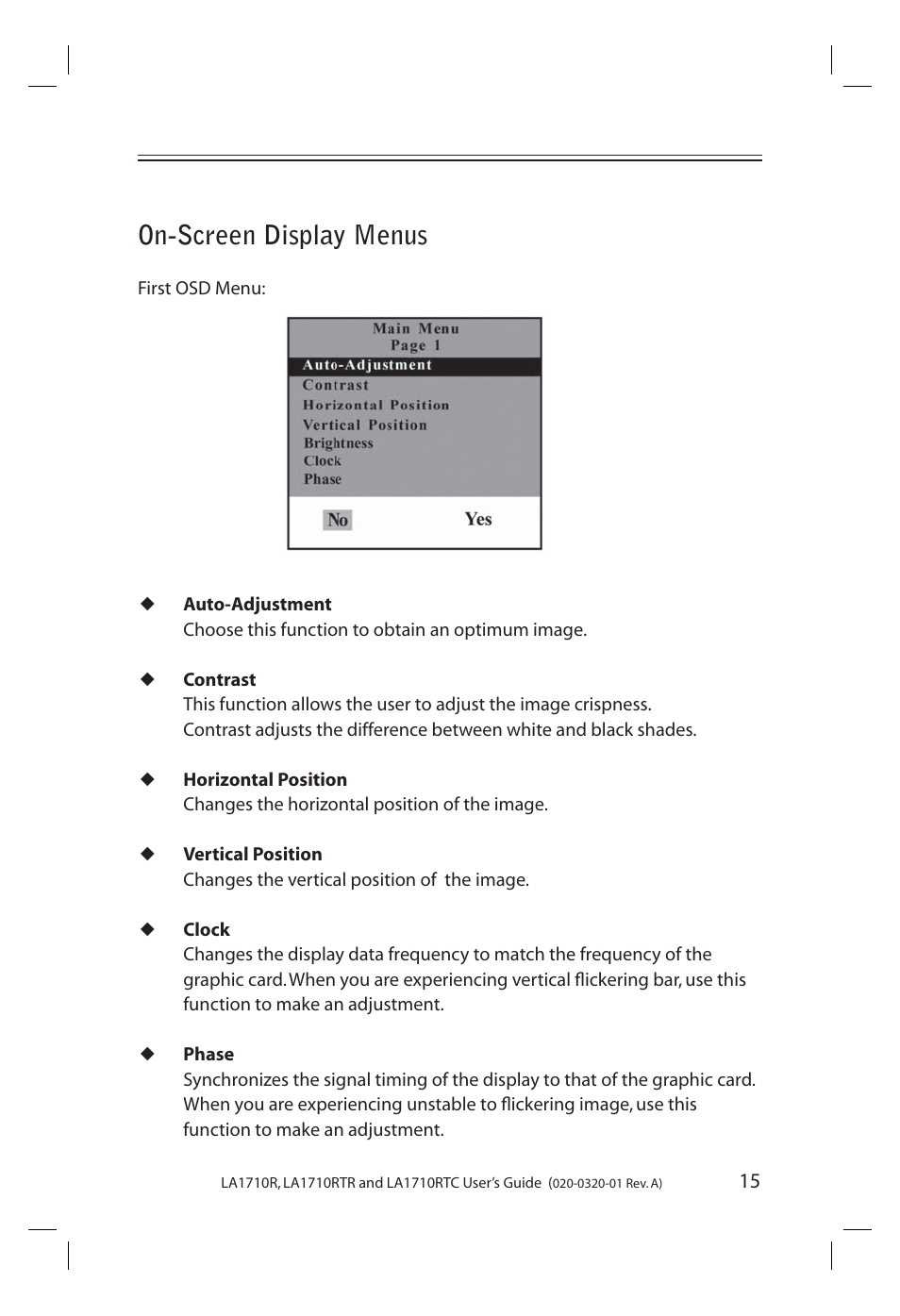 On-screen display menus | Planar LA1710R User Manual | Page 15 / 29