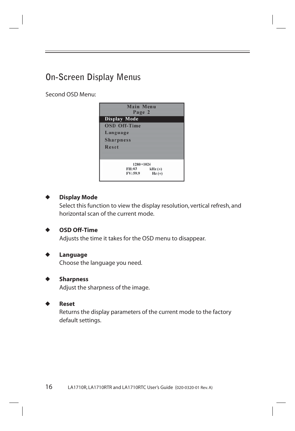 On-screen display menus | Planar LA1710R User Manual | Page 16 / 29