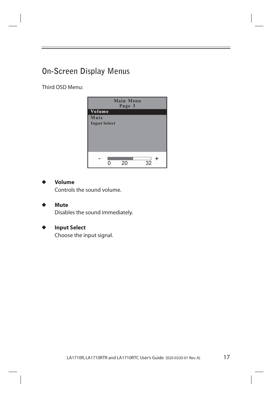 On-screen display menus | Planar LA1710R User Manual | Page 17 / 29