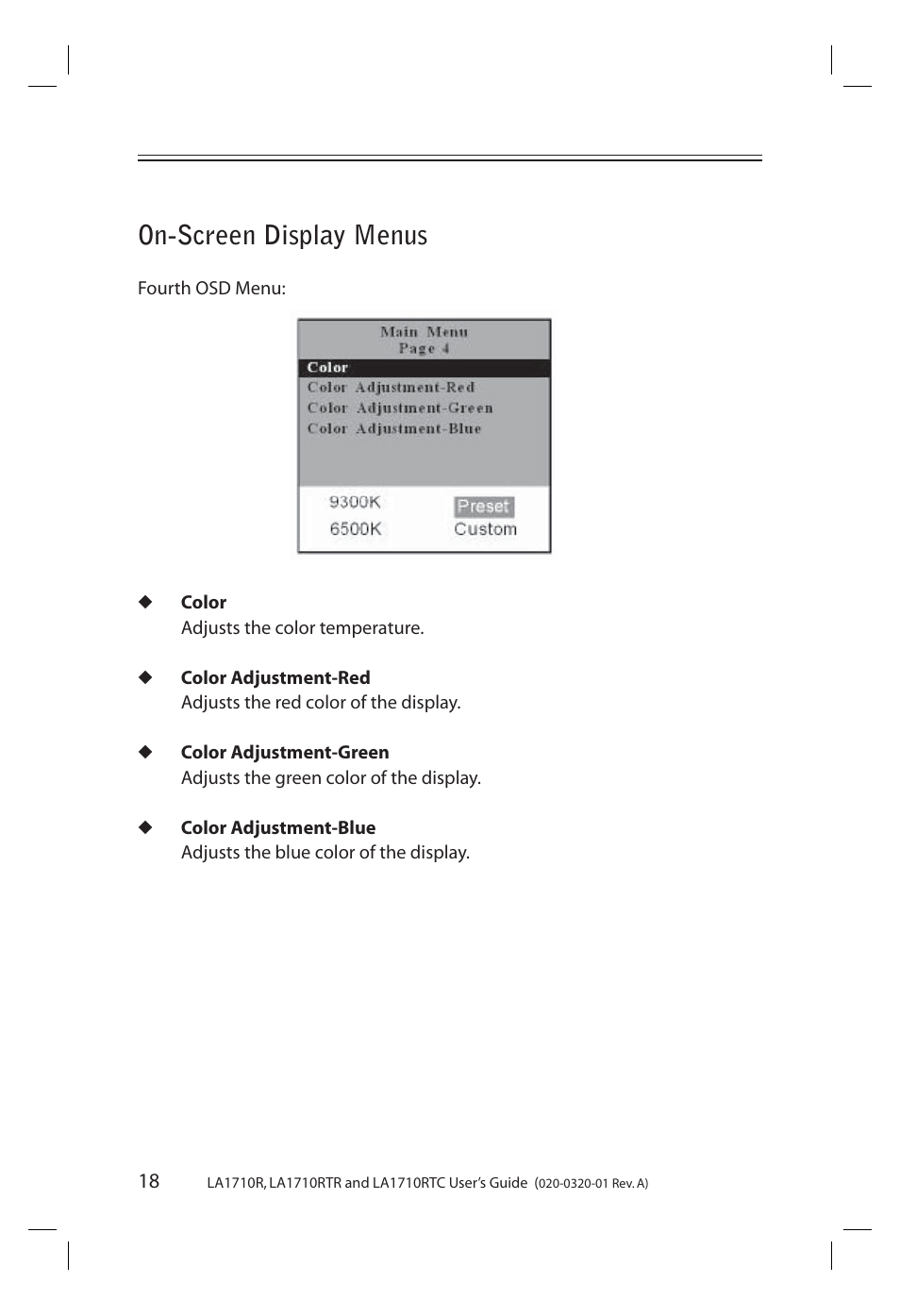 On-screen display menus | Planar LA1710R User Manual | Page 18 / 29