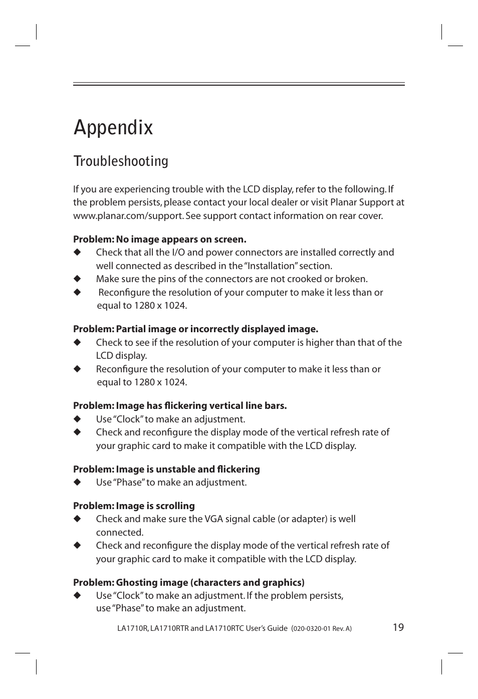 Appendix, Troubleshooting | Planar LA1710R User Manual | Page 19 / 29