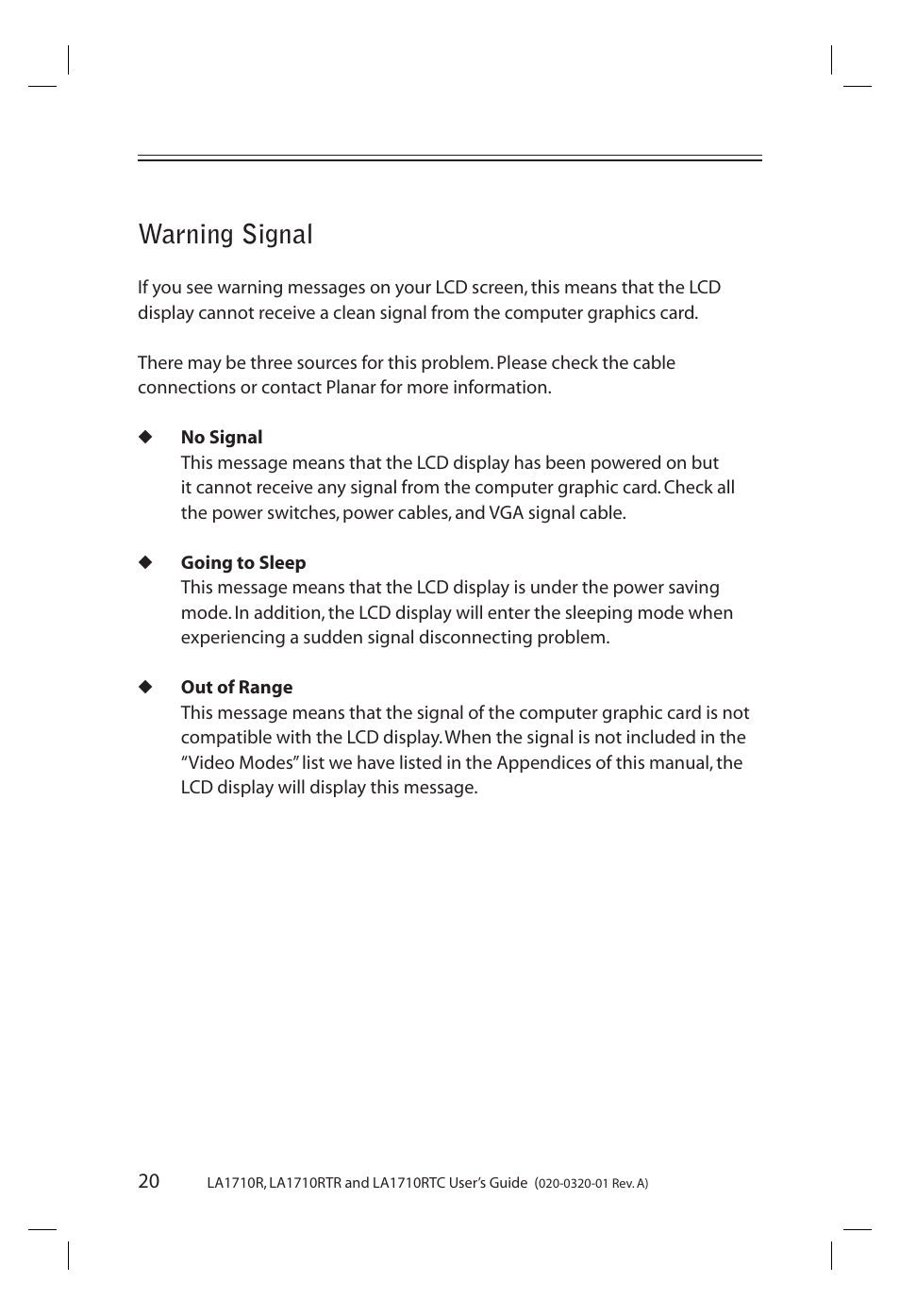 Warning signal | Planar LA1710R User Manual | Page 20 / 29