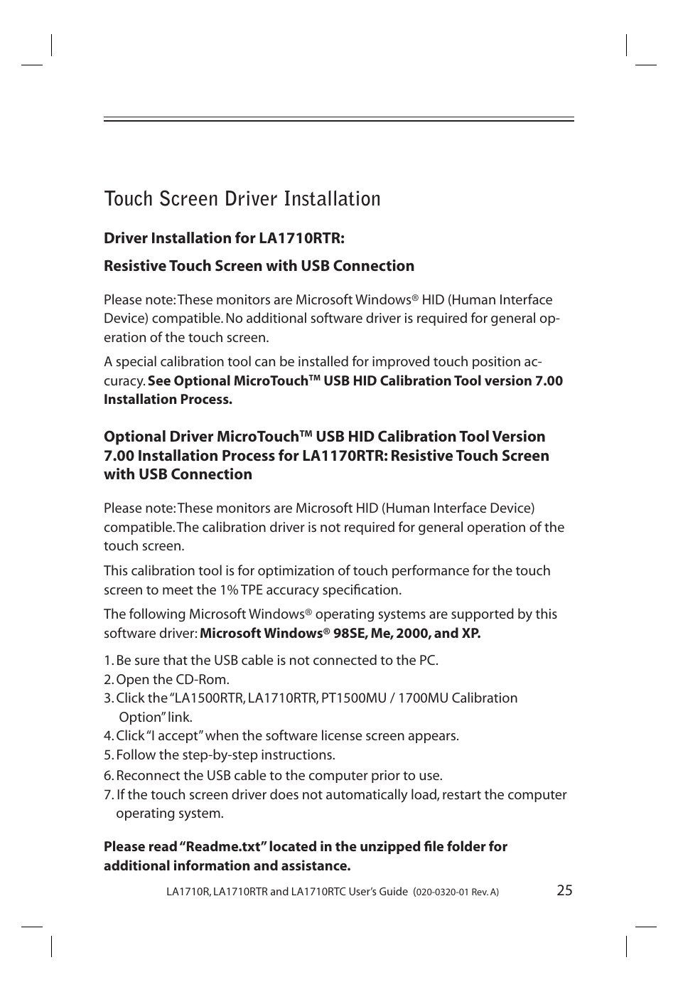 Touch screen driver installation | Planar LA1710R User Manual | Page 25 / 29