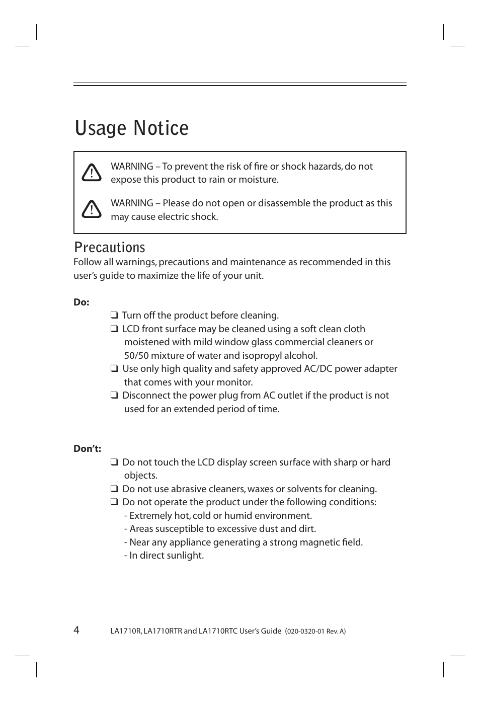 Usage notice, Precautions | Planar LA1710R User Manual | Page 4 / 29