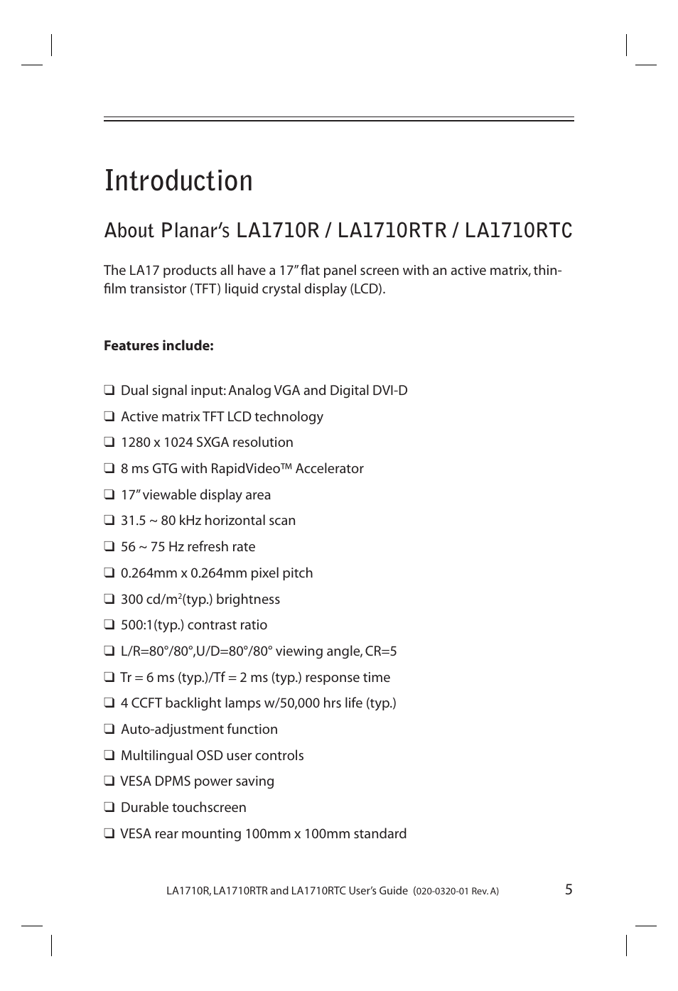 Introduction | Planar LA1710R User Manual | Page 5 / 29