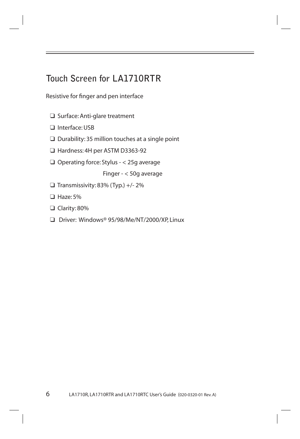 Touch screen for la1710rtr | Planar LA1710R User Manual | Page 6 / 29