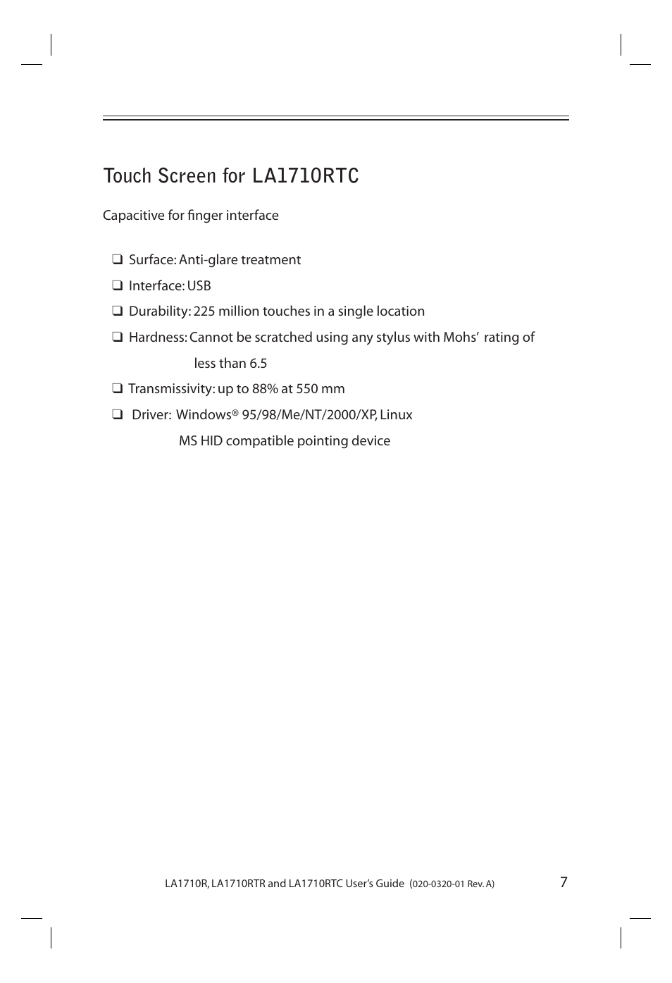 Touch screen for la1710rtc | Planar LA1710R User Manual | Page 7 / 29