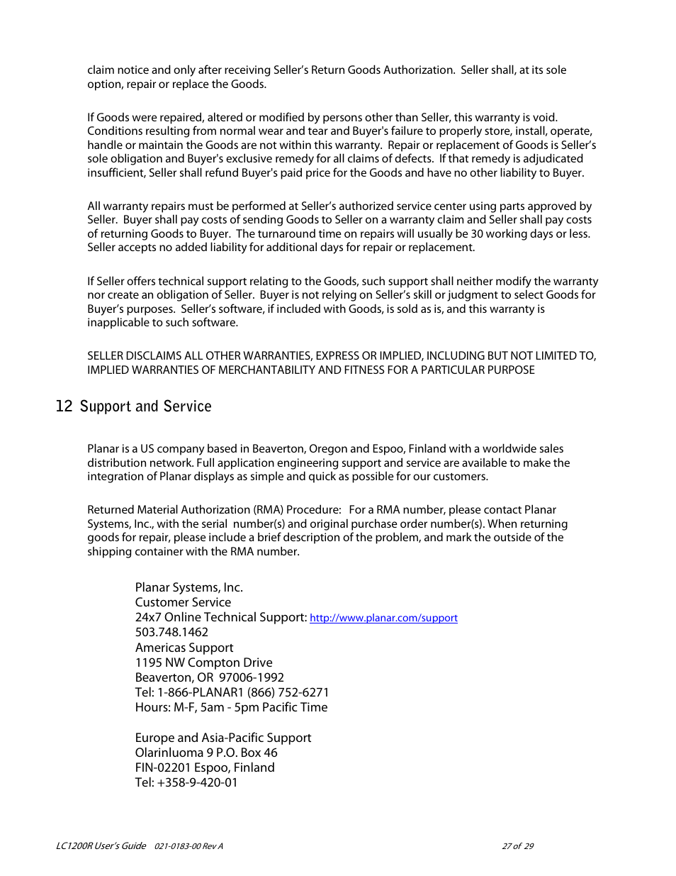 Support and service, 12 support and service | Planar LC1200R User Manual | Page 27 / 29