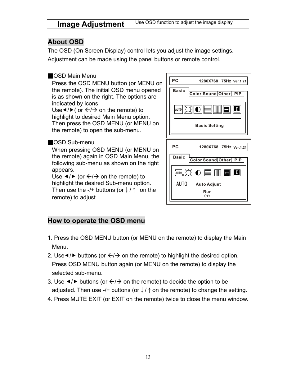 Image adjustment, About osd, How to operate the osd menu | Planar XP17WSA User Manual | Page 14 / 31