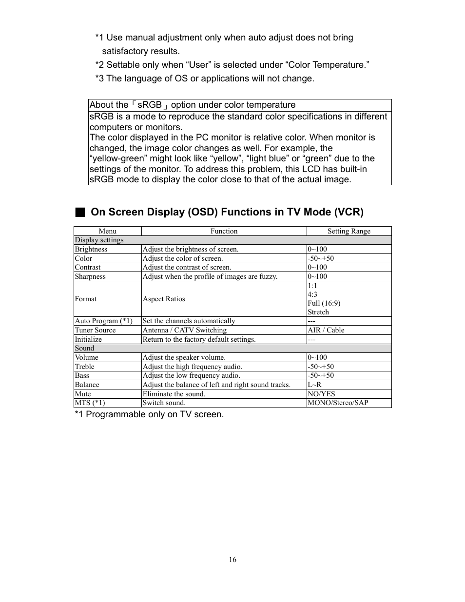 On screen display (osd) functions in tv mode (vcr) | Planar XP17WSA User Manual | Page 17 / 31