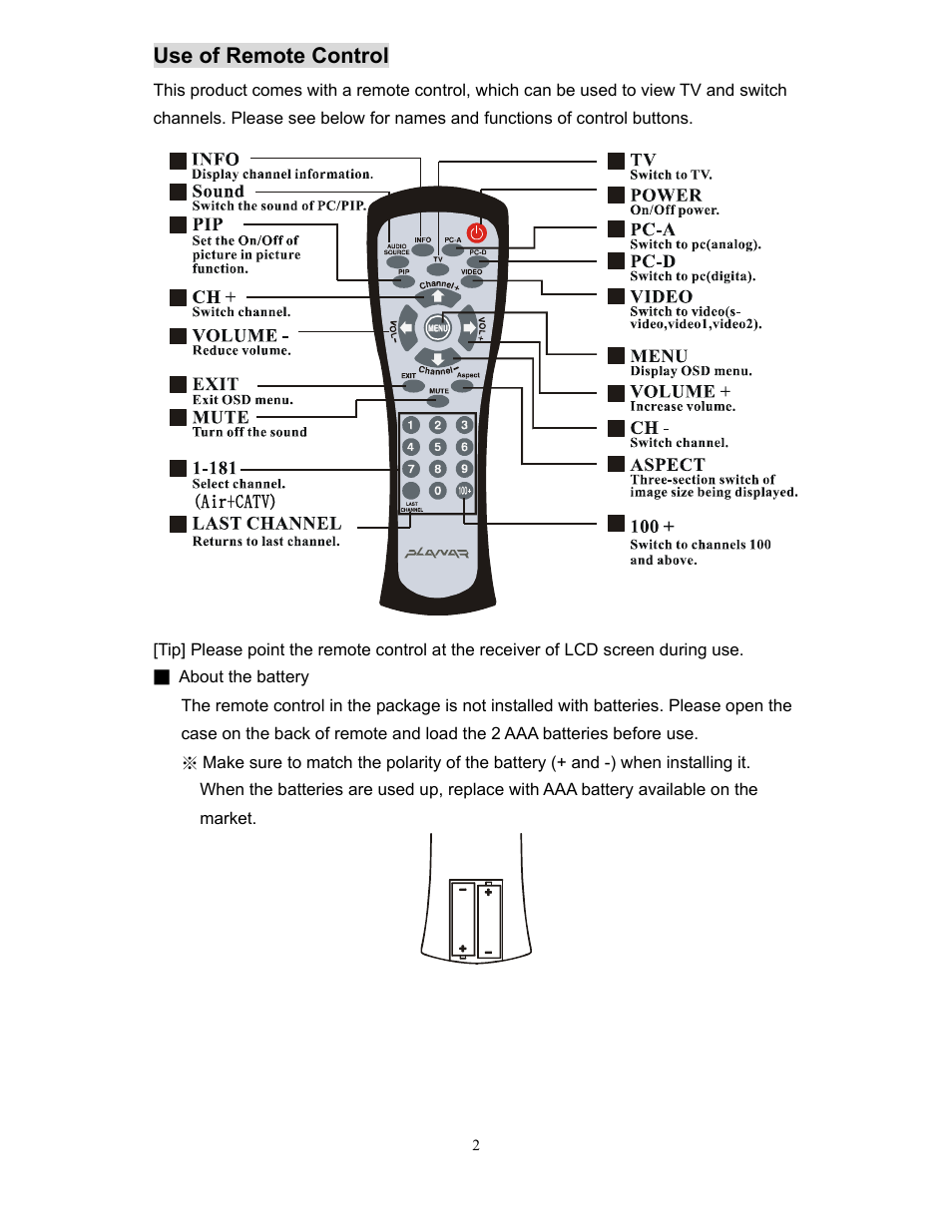 Use of remote control | Planar XP17WSA User Manual | Page 3 / 31