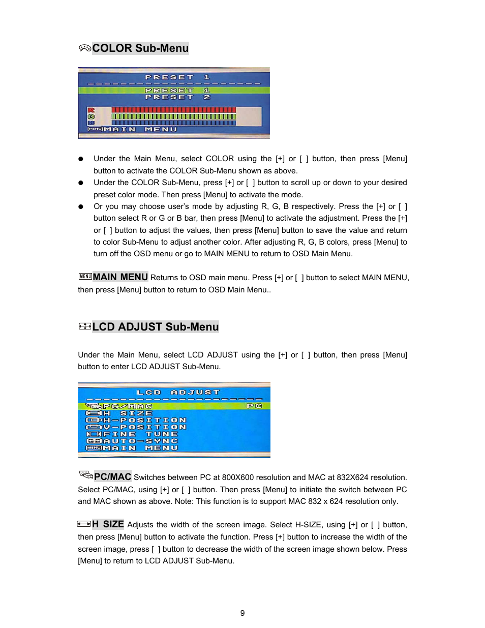 Color sub-menu, Lcd adjust sub-menu | Planar PL190M User Manual | Page 10 / 17